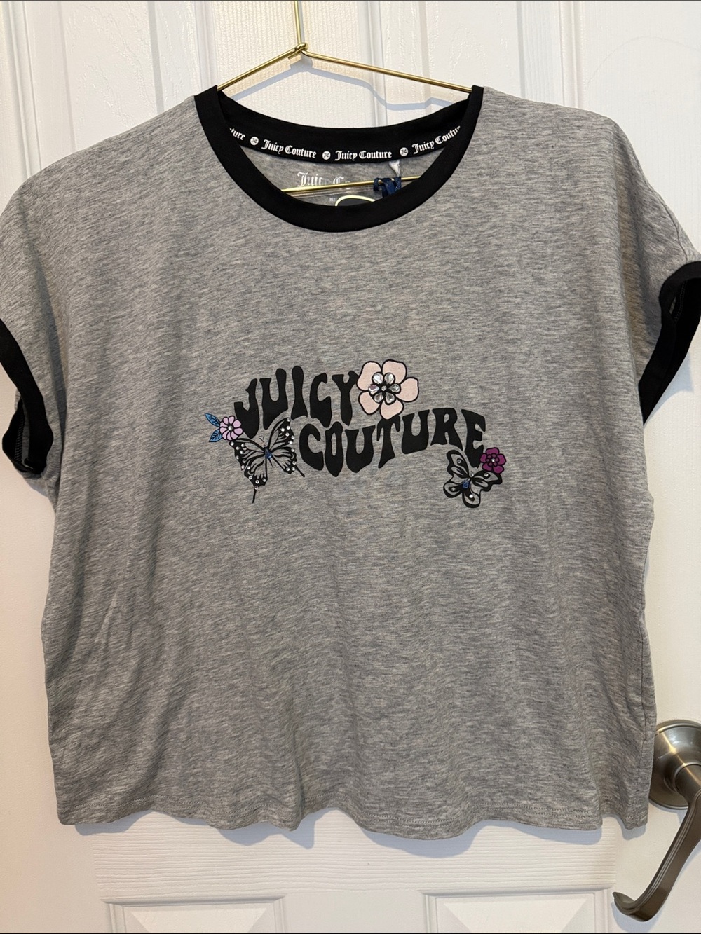 Juicy Couture Gray Tee with Black Trim & Floral Butterfly Graphic